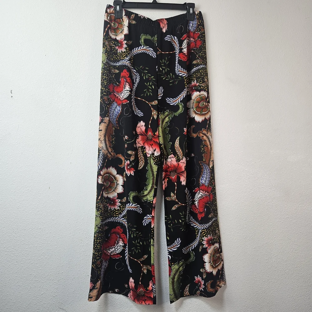 THE PYRAMID COLLECTION Pull On Elastic Waist Floral Pants M Boho Wide Leg